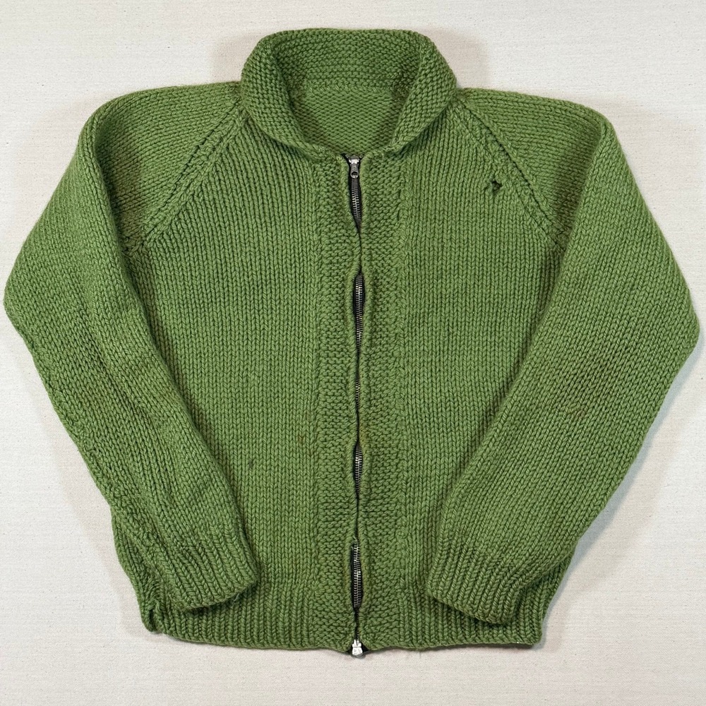 Vintage Hand Knit Lime Green Cowichan Green Sweater Swift Zip Small 60s 50s